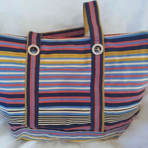 Womens Beach Bag Pink Blue Multicolor Canvas Tote Change Purse Striped - Picture 2 of 6